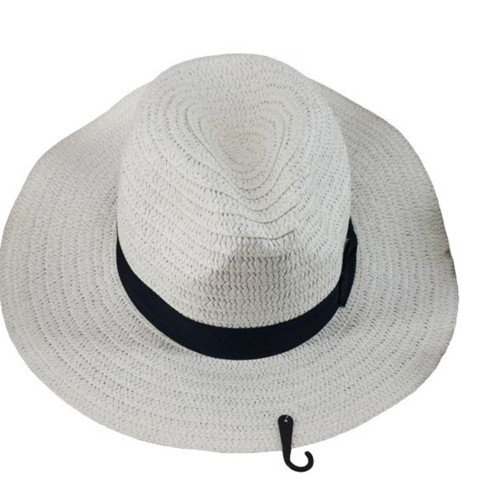White Panama Sun Beach Hat black Ribbon foldable